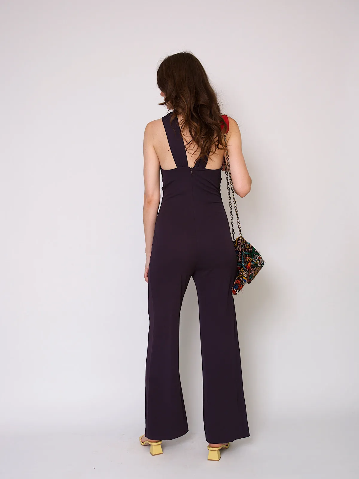 Vintage Lycra jumpsuit prune colour wide leg