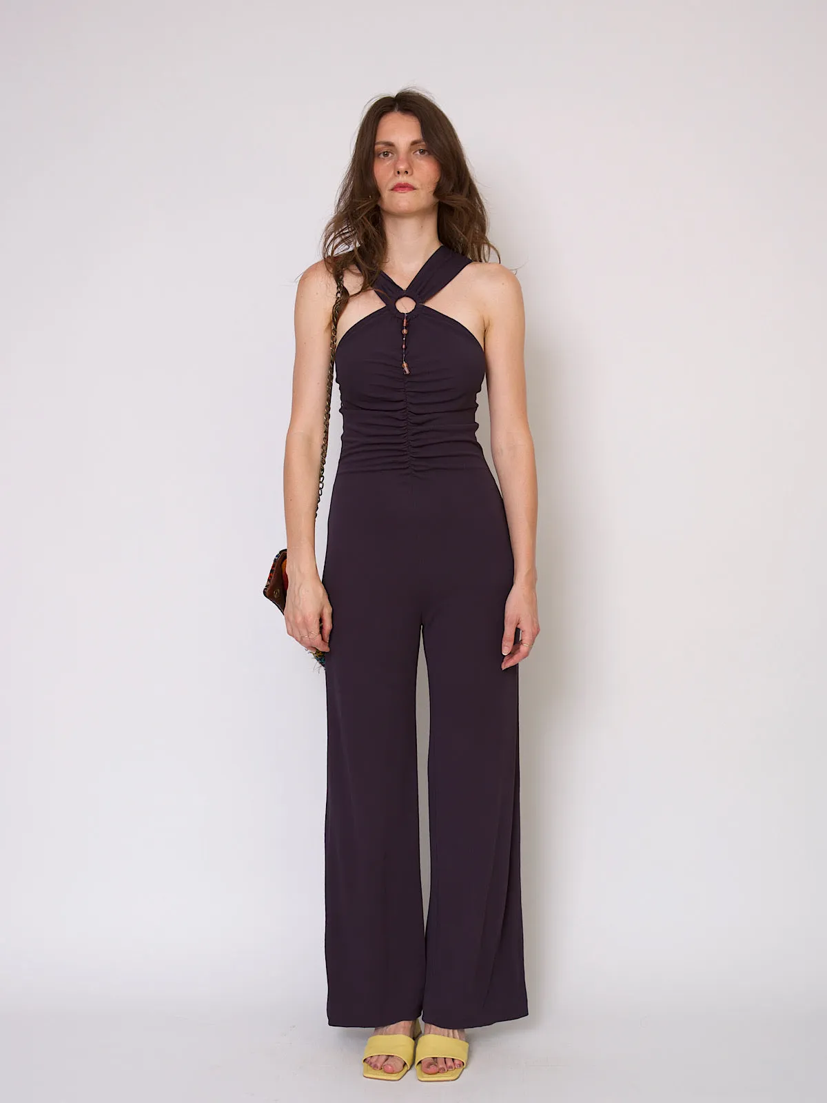 Vintage Lycra jumpsuit prune colour wide leg