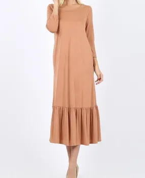 Viscose 3/4 sleeve ruffle hem long dress