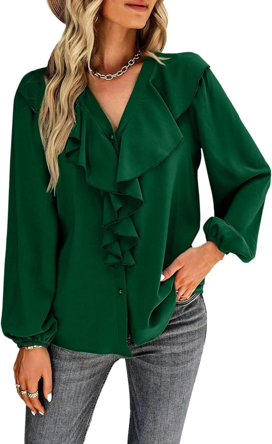 Vrtige Women's V Neck Ruffle Front Button Down Long Sleeve Blouse Top Shirt