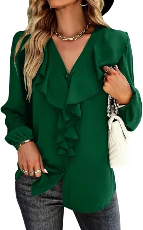 Vrtige Women's V Neck Ruffle Front Button Down Long Sleeve Blouse Top Shirt
