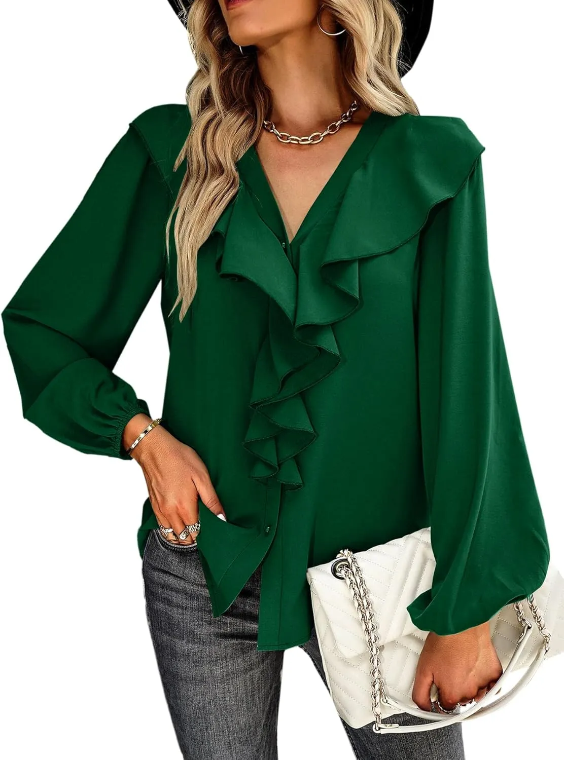 Vrtige Women's V Neck Ruffle Front Button Down Long Sleeve Blouse Top Shirt