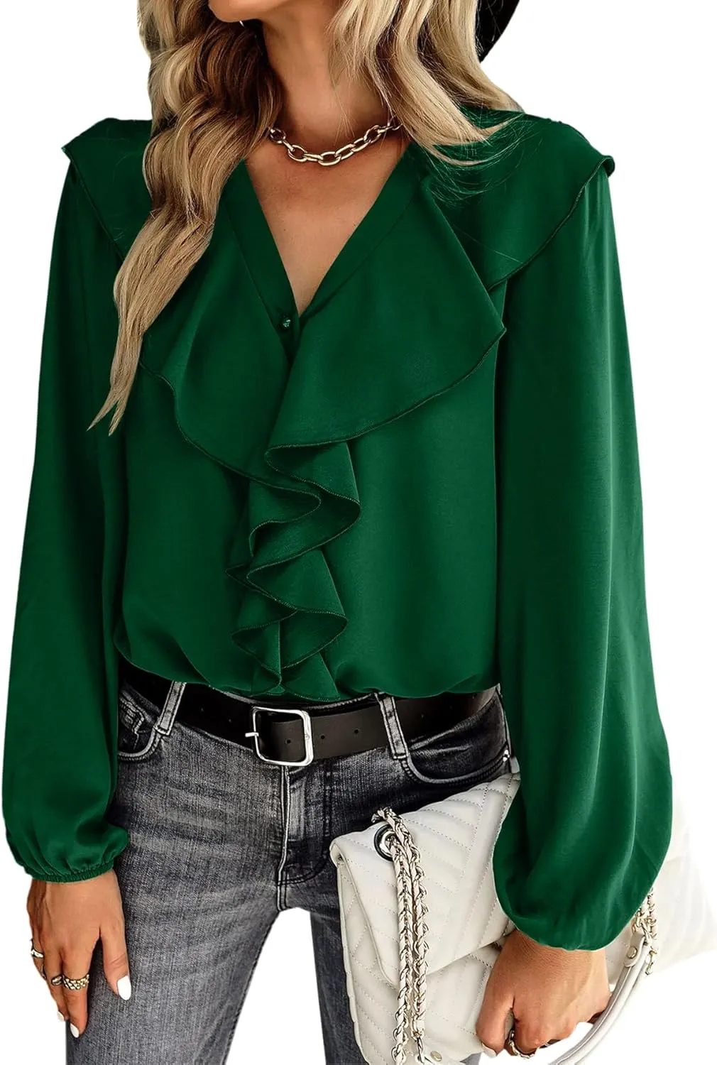 Vrtige Women's V Neck Ruffle Front Button Down Long Sleeve Blouse Top Shirt