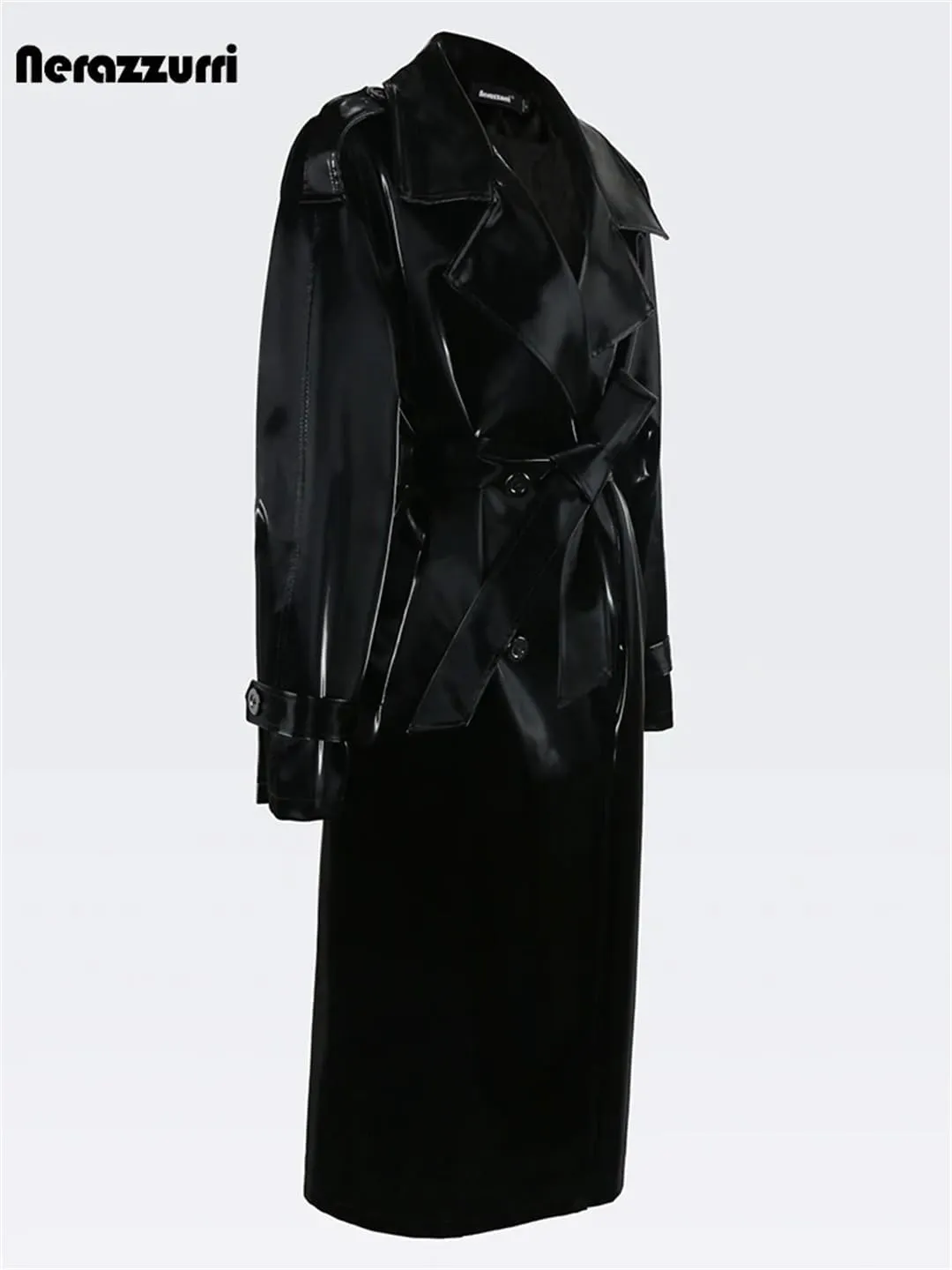 Women Autumn Long Cool Black Shiny Glitter Patent Sashes Double Breasted Europe Faux Leather Trench Coat