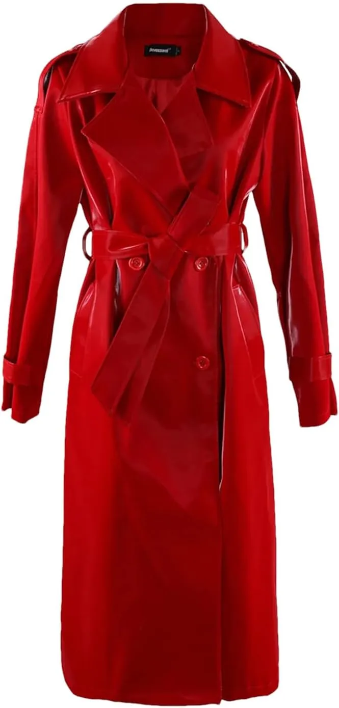 Women Autumn Long Cool Black Shiny Glitter Patent Sashes Double Breasted Europe Faux Leather Trench Coat