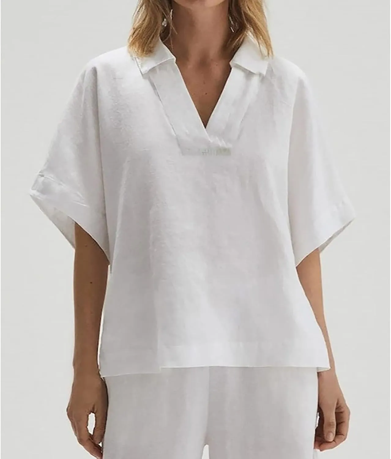 Women Cotton Linen Blouse Collared V-Neck Half Sleeve Batwing Oversized Loose Summer Top Solid Color Plain T-Shirt