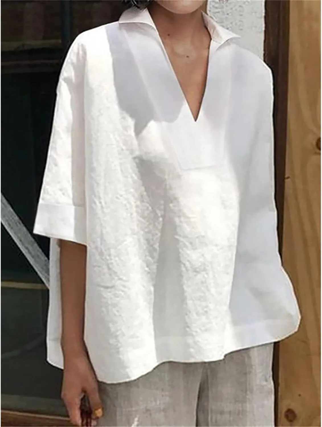 Women Cotton Linen Blouse Collared V-Neck Half Sleeve Batwing Oversized Loose Summer Top Solid Color Plain T-Shirt