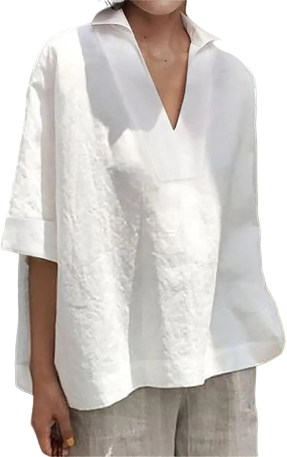 Women Cotton Linen Blouse Collared V-Neck Half Sleeve Batwing Oversized Loose Summer Top Solid Color Plain T-Shirt