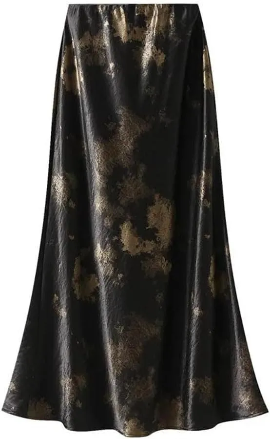 Women Elastic High Waist Satin Long Skirts Tie Dye Bodycon Elegant Female Skirt