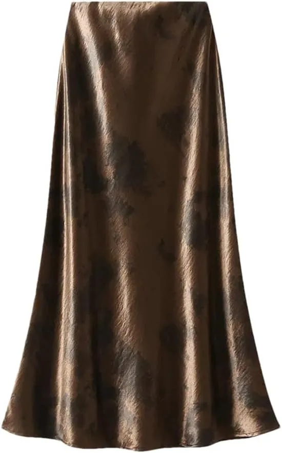 Women Elastic High Waist Satin Long Skirts Tie Dye Bodycon Elegant Female Skirt