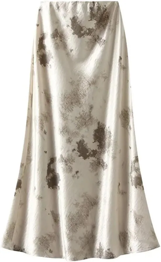 Women Elastic High Waist Satin Long Skirts Tie Dye Bodycon Elegant Female Skirt