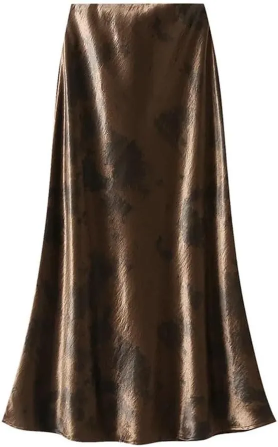 Women Elastic High Waist Satin Long Skirts Tie Dye Bodycon Elegant Female Skirt