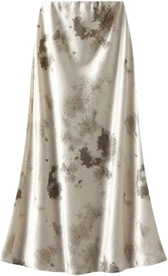 Women Elastic High Waist Satin Long Skirts Tie Dye Bodycon Elegant Female Skirt