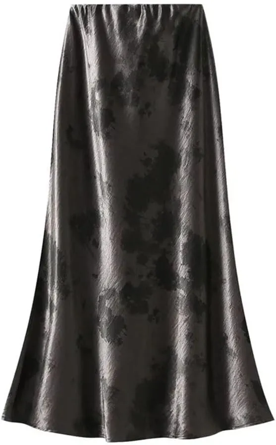 Women Elastic High Waist Satin Long Skirts Tie Dye Bodycon Elegant Female Skirt