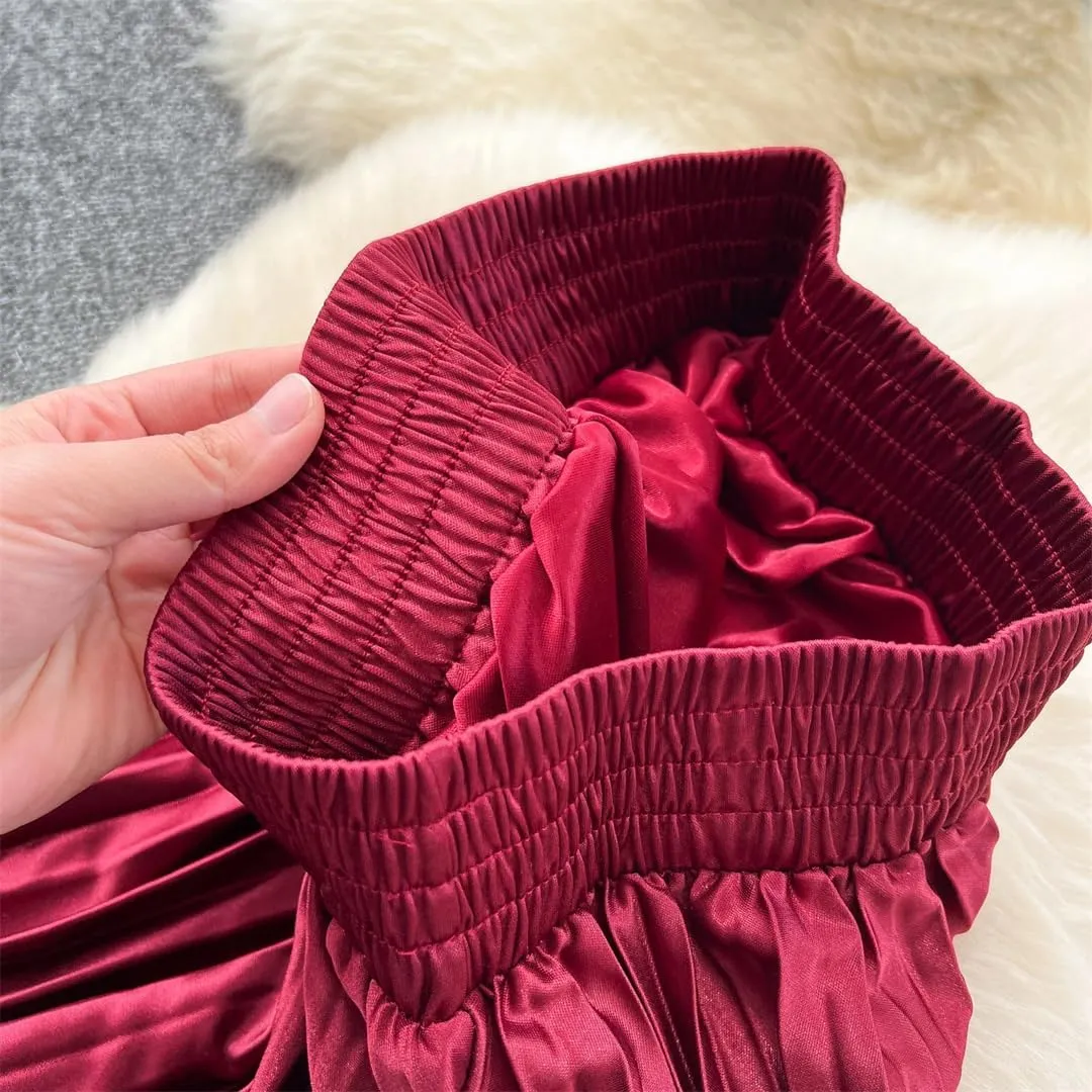 Women Elegant Satin Pleated Sexy Skirt Elastic High Waist Vintage Slim Casual Skirt