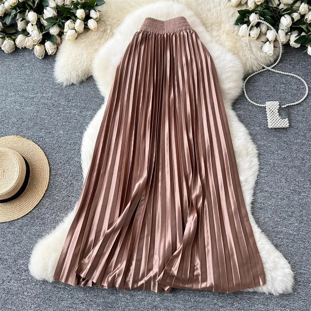 Women Elegant Satin Pleated Sexy Skirt Elastic High Waist Vintage Slim Casual Skirt