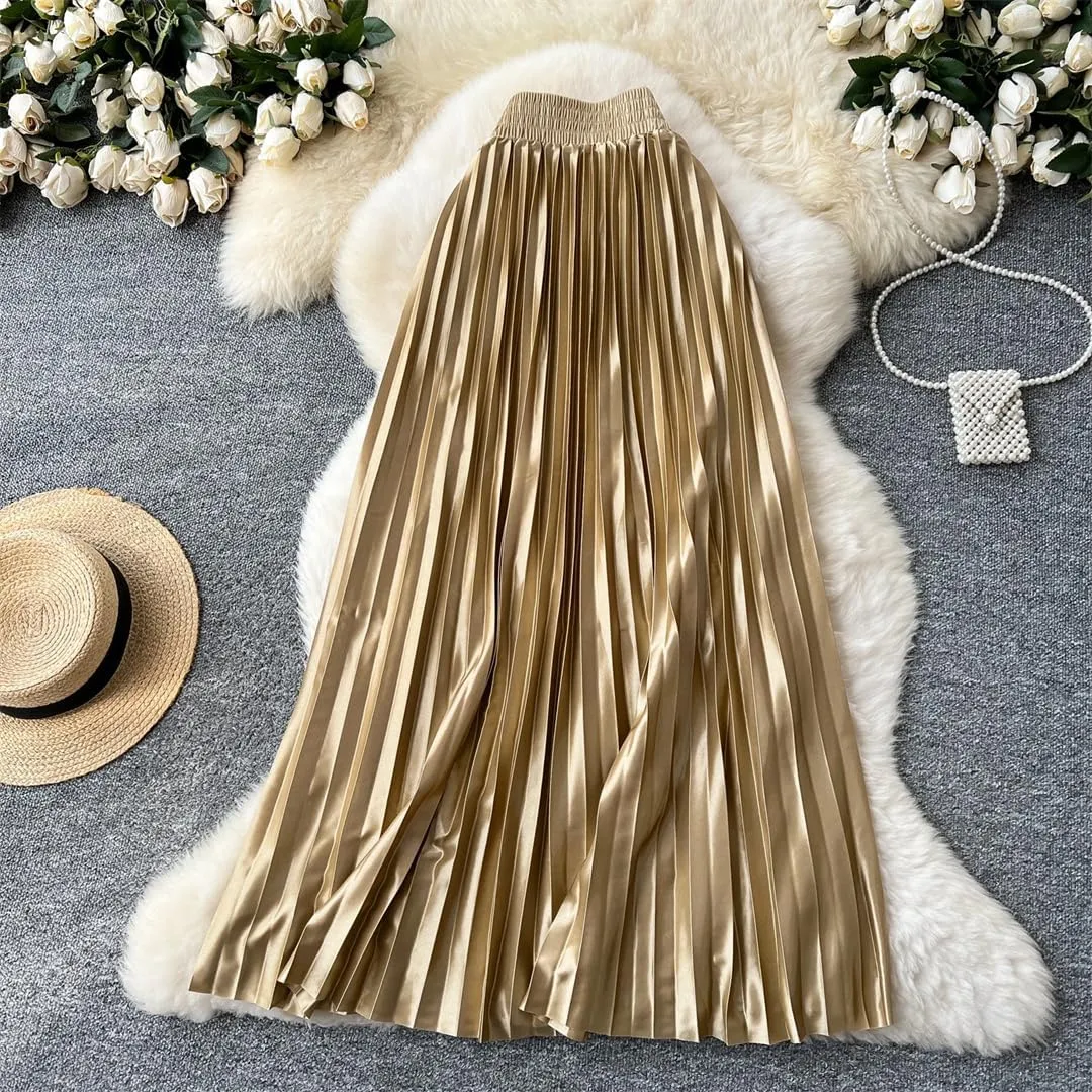 Women Elegant Satin Pleated Sexy Skirt Elastic High Waist Vintage Slim Casual Skirt