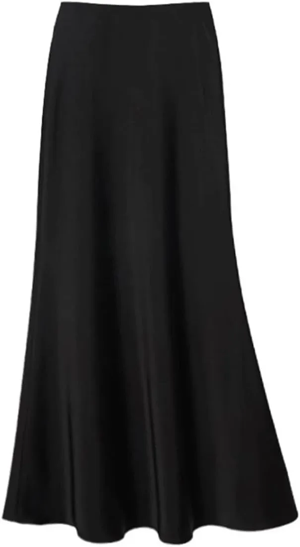 Women Satin Slik Long Skirt Office Elegant Zipper Up Elastic Band Vintage Skirt