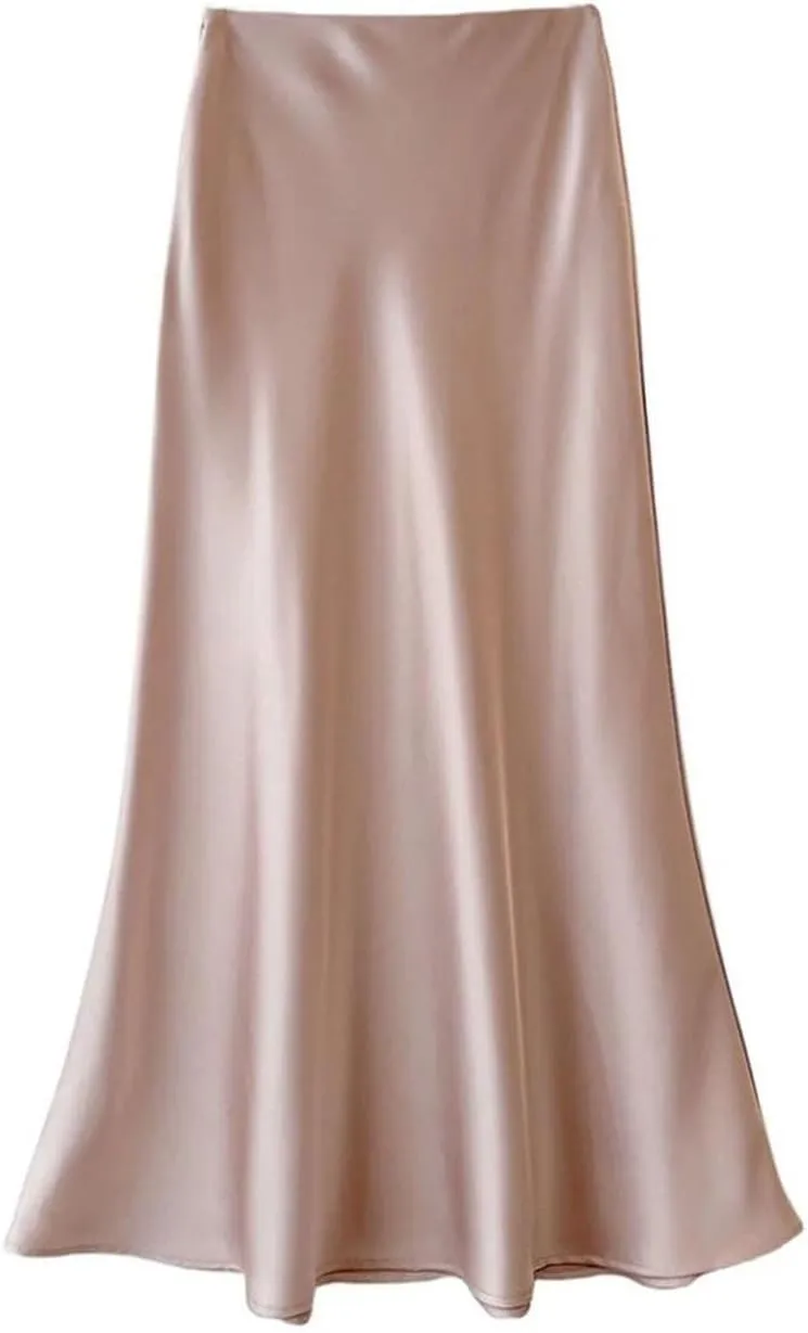 Women Satin Slik Long Skirt Office Elegant Zipper Up Elastic Band Vintage Skirt