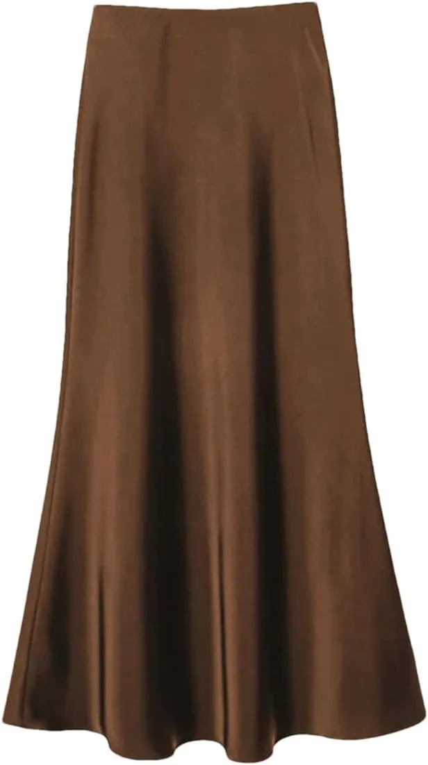 Women Satin Slik Long Skirt Office Elegant Zipper Up Elastic Band Vintage Skirt