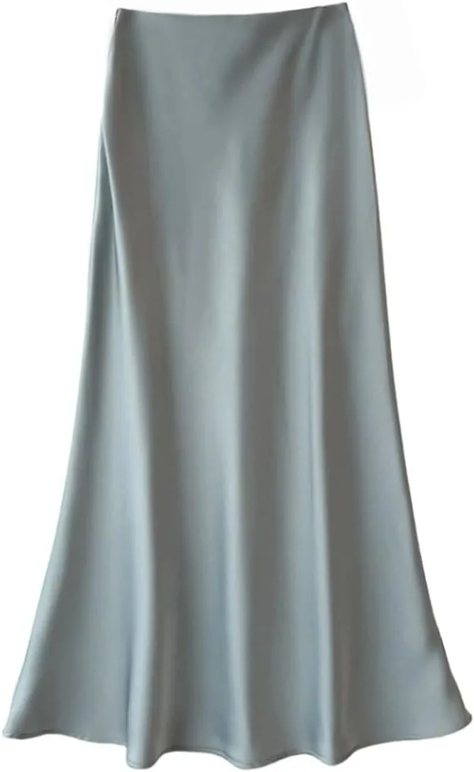Women Satin Slik Long Skirt Office Elegant Zipper Up Elastic Band Vintage Skirt