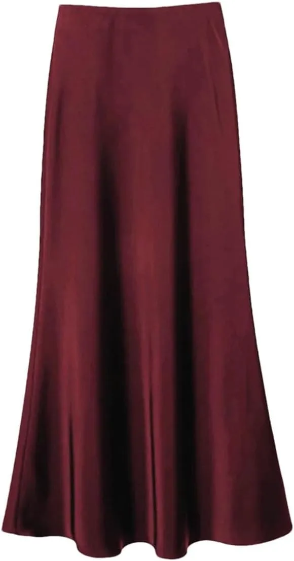 Women Satin Slik Long Skirt Office Elegant Zipper Up Elastic Band Vintage Skirt