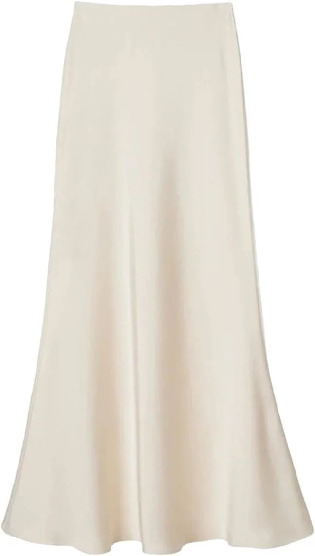 Women Satin Slik Long Skirt Office Elegant Zipper Up Elastic Band Vintage Skirt