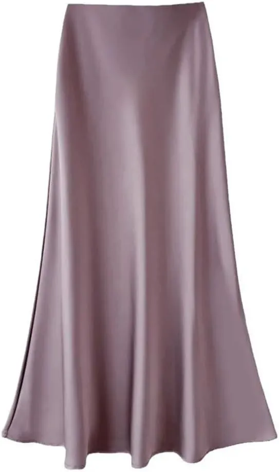 Women Satin Slik Long Skirt Office Elegant Zipper Up Elastic Band Vintage Skirt