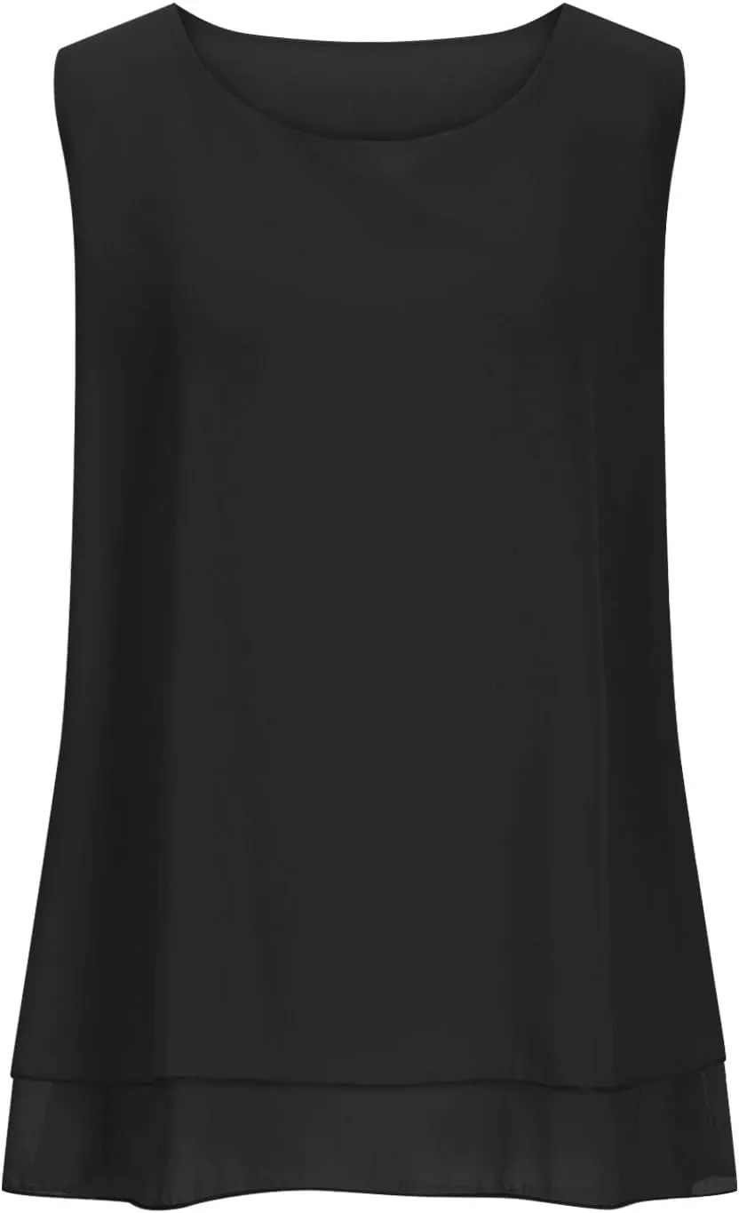 Women Summer Sleeveless Chiffon Shirts, Solid Color Loose Breathable Casual Tank Tops Fashion Ruffle Ruched Hem Clothes