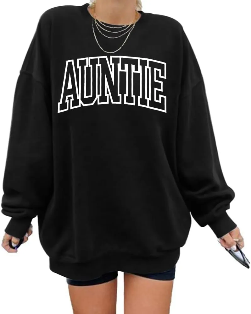Womens Aunt Sweatshirt Cool Aunt Crewneck Sweatshirt Auntie Letter Print Long Sleeve Pullover Top
