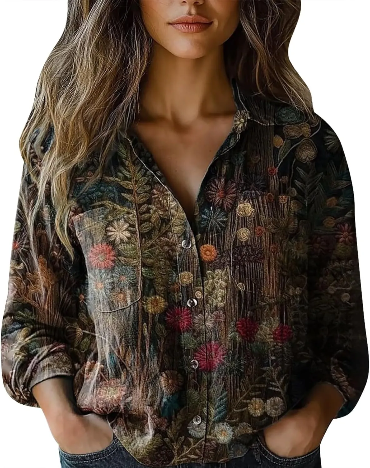 Womens Ethnic Shirts Floral Print Button Down Shirt Fashion Lightweight Linen Long Sleeve Tops Boho Blouses 2025