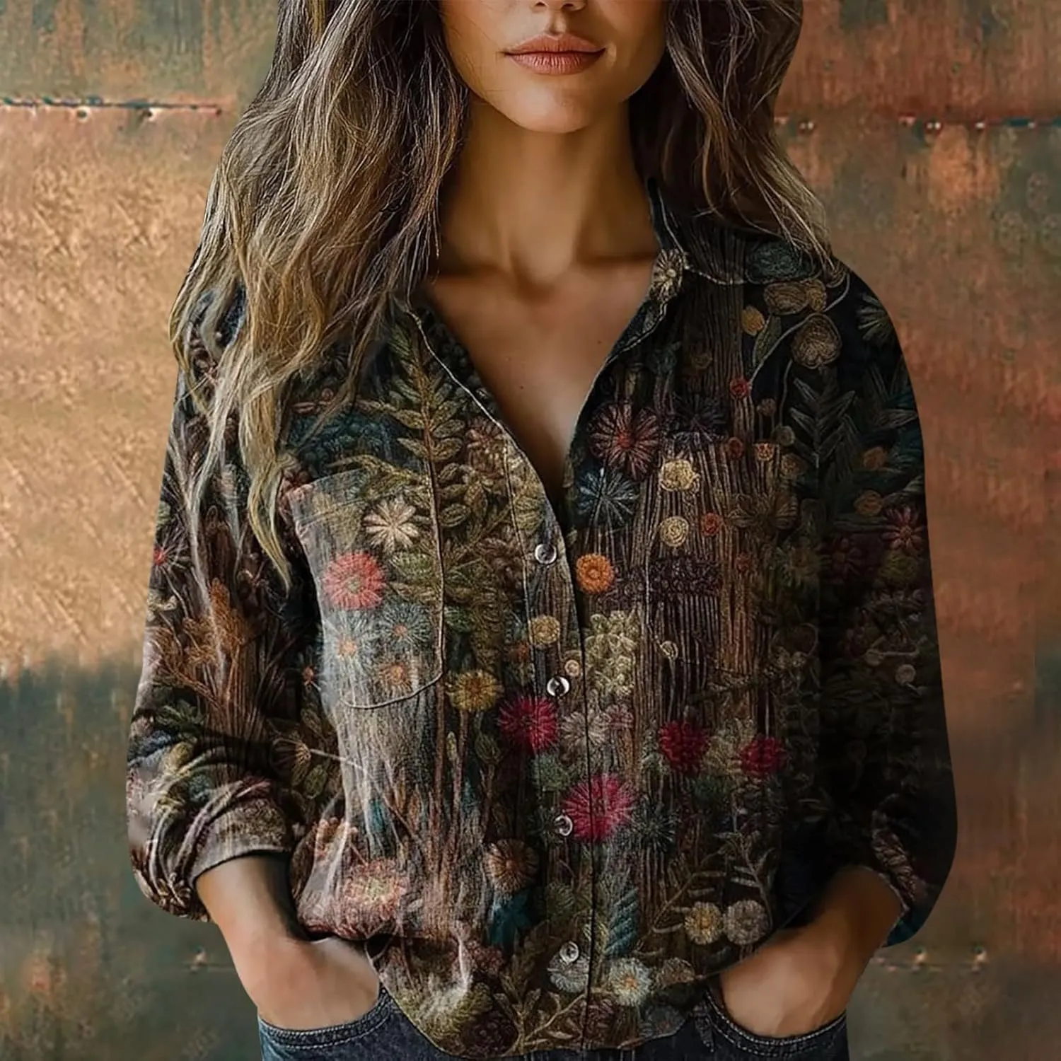 Womens Ethnic Shirts Floral Print Button Down Shirt Fashion Lightweight Linen Long Sleeve Tops Boho Blouses 2025