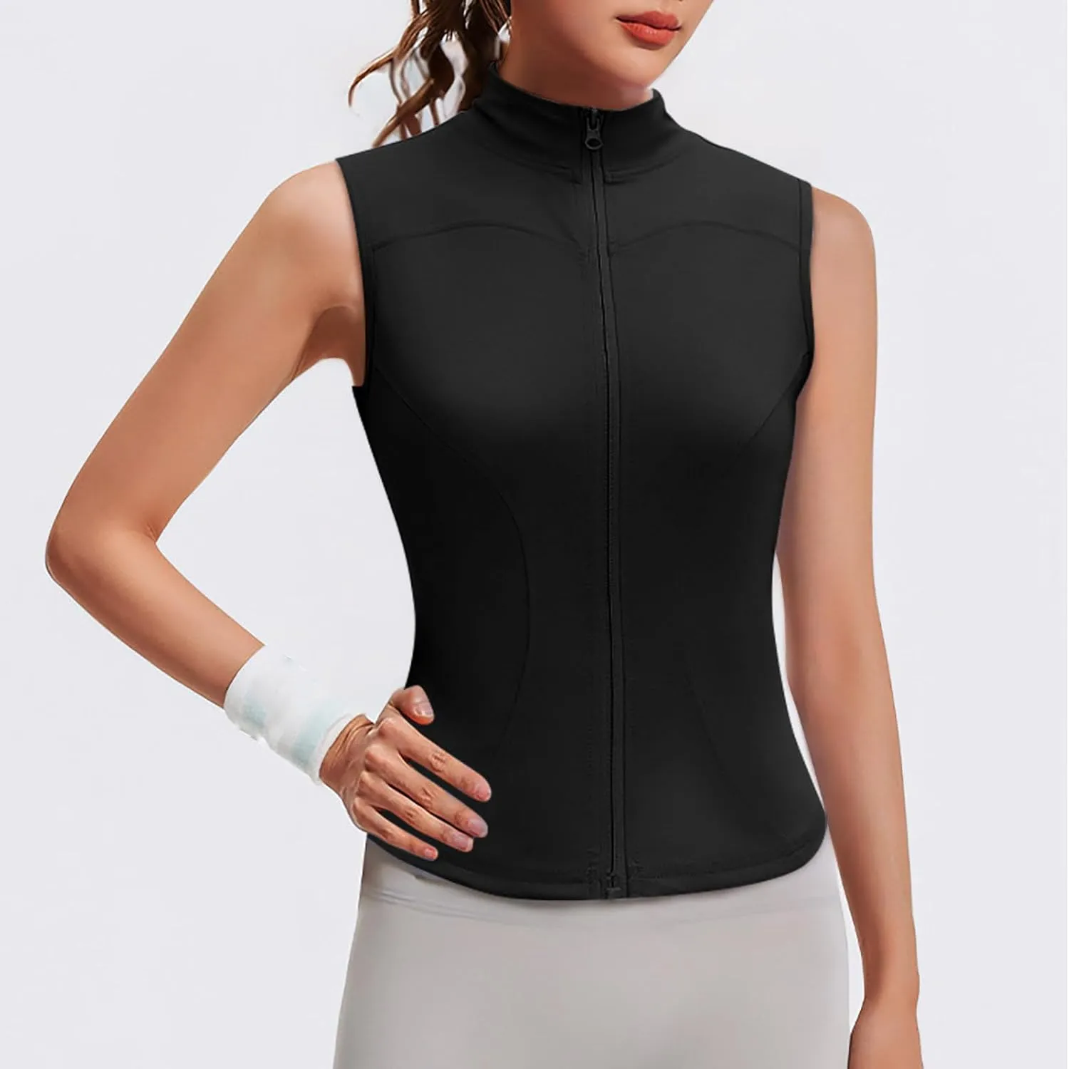 Women's Full Zip Mock Neck Tank Top Summer Golf Tennis Shirts Breathable Quick Dry Vest Slim Sports Sleeveless Tops