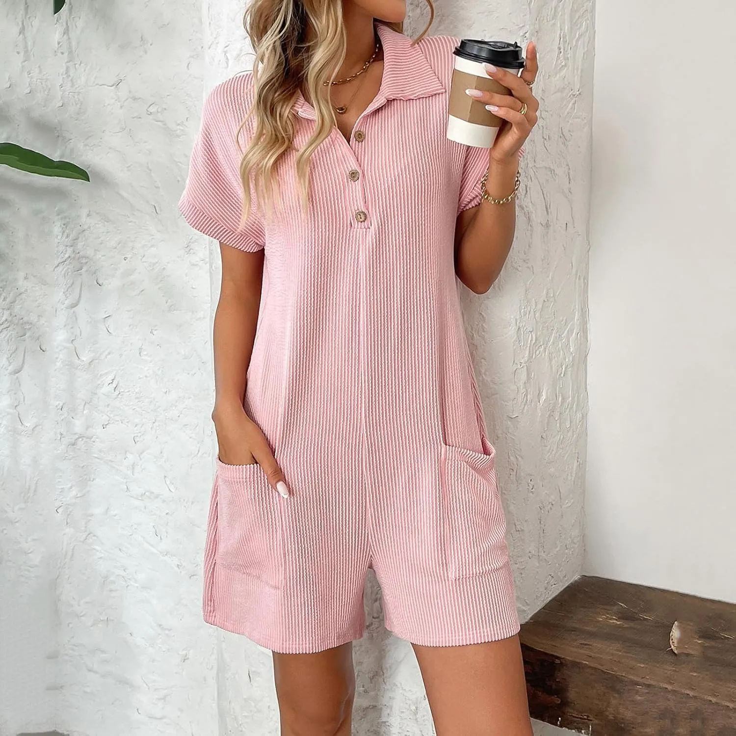 Women's Short Jumpsuits Solid Summer 2025 Casual Ribbed Knit Button Front Loose V Neck Short Sleeve Rompers W/Pockets