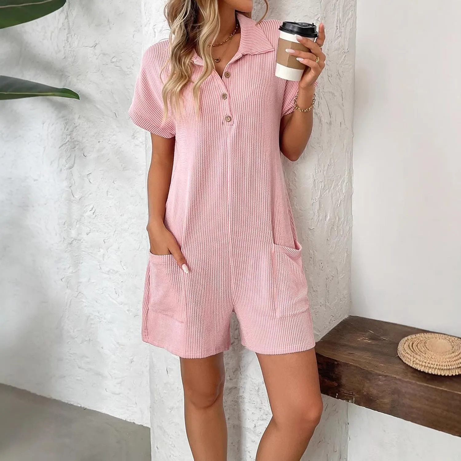 Women's Short Jumpsuits Solid Summer 2025 Casual Ribbed Knit Button Front Loose V Neck Short Sleeve Rompers W/Pockets