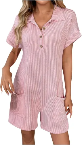 Women's Short Jumpsuits Solid Summer 2025 Casual Ribbed Knit Button Front Loose V Neck Short Sleeve Rompers W/Pockets