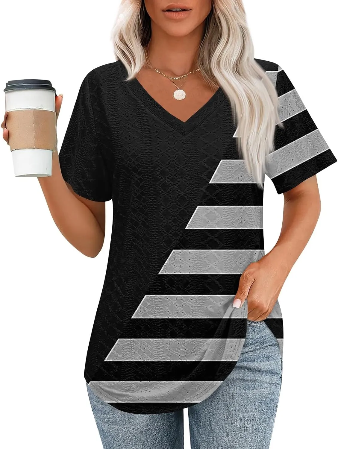 Womens Short Sleeve V Neck Shirts Spring Summer Solid Color Stripe Print Casual Blouse Shirt Dressy Tops