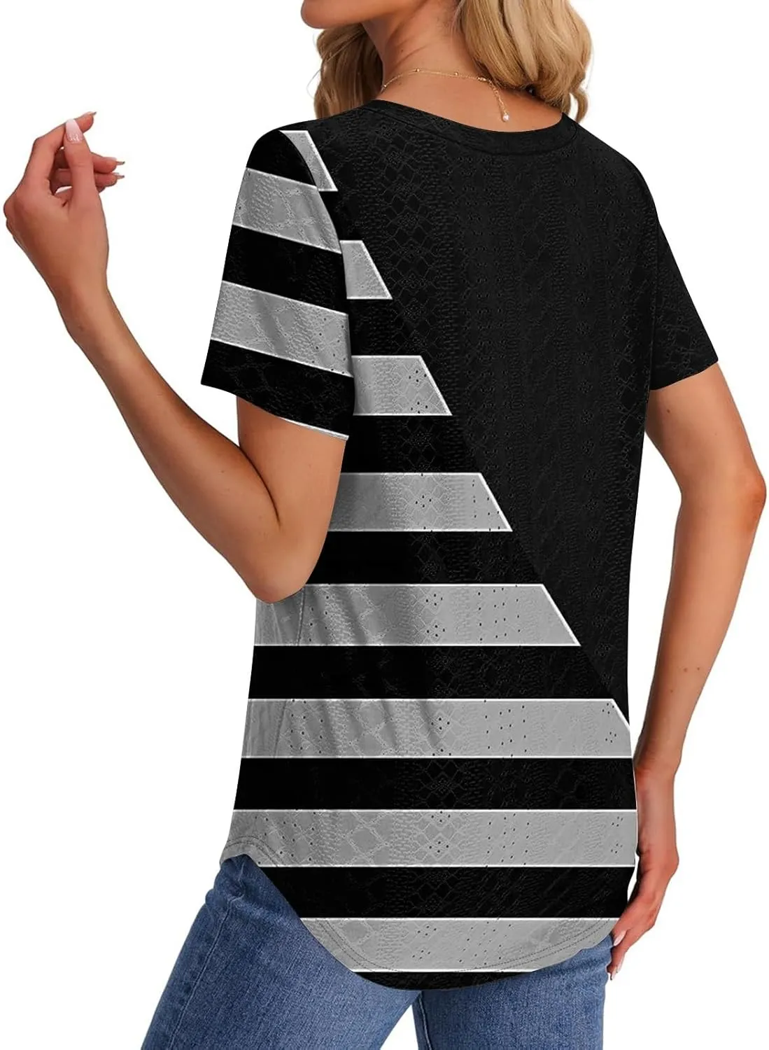 Womens Short Sleeve V Neck Shirts Spring Summer Solid Color Stripe Print Casual Blouse Shirt Dressy Tops