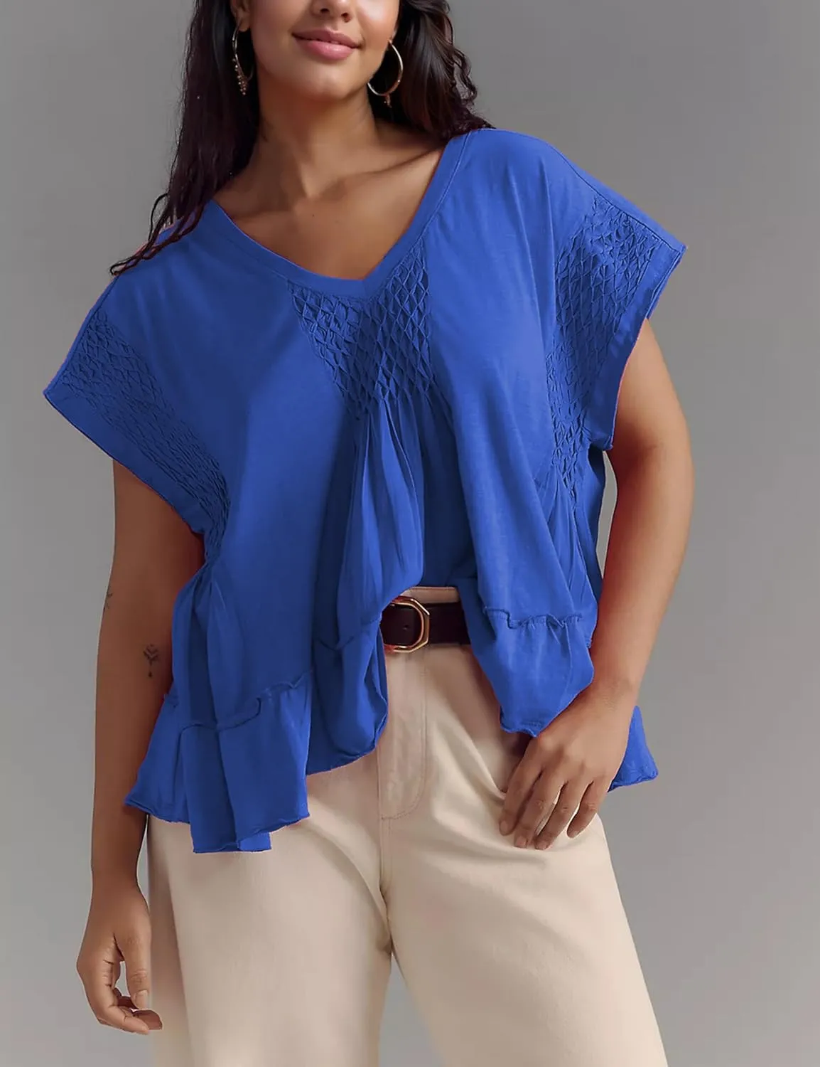 Womens Summer Peplum Top Cute Ruffle Shirt Casual Short Sleeve Flowy Hem Boho Pleated Smocked Tops Trendy 2025