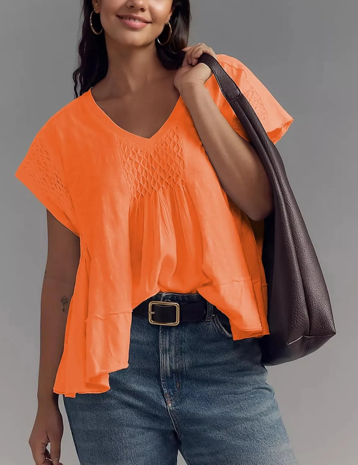 Womens Summer Peplum Top Cute Ruffle Shirt Casual Short Sleeve Flowy Hem Boho Pleated Smocked Tops Trendy 2025