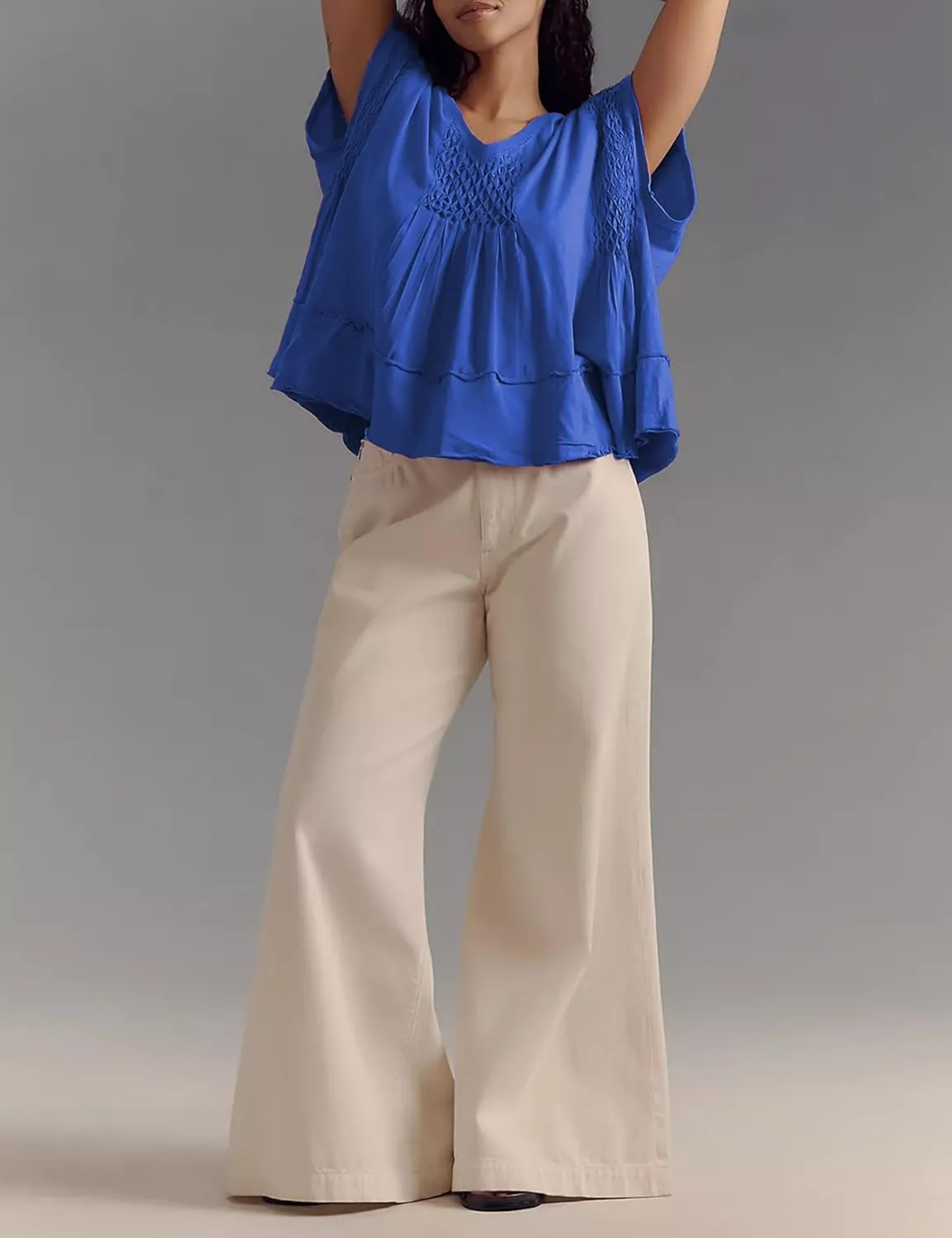 Womens Summer Peplum Top Cute Ruffle Shirt Casual Short Sleeve Flowy Hem Boho Pleated Smocked Tops Trendy 2025