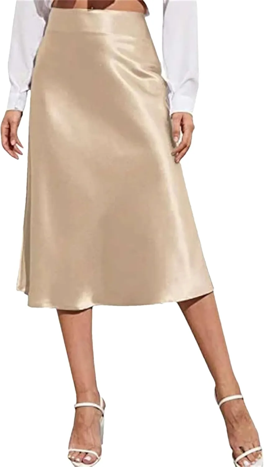 Women's Summer Skirts Mid Skirt Long Zipper Elegant Skirt High Waist Solid Color Satin Skirt
