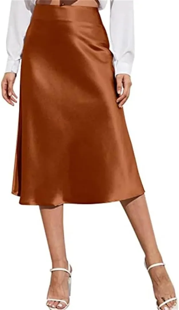 Women's Summer Skirts Mid Skirt Long Zipper Elegant Skirt High Waist Solid Color Satin Skirt