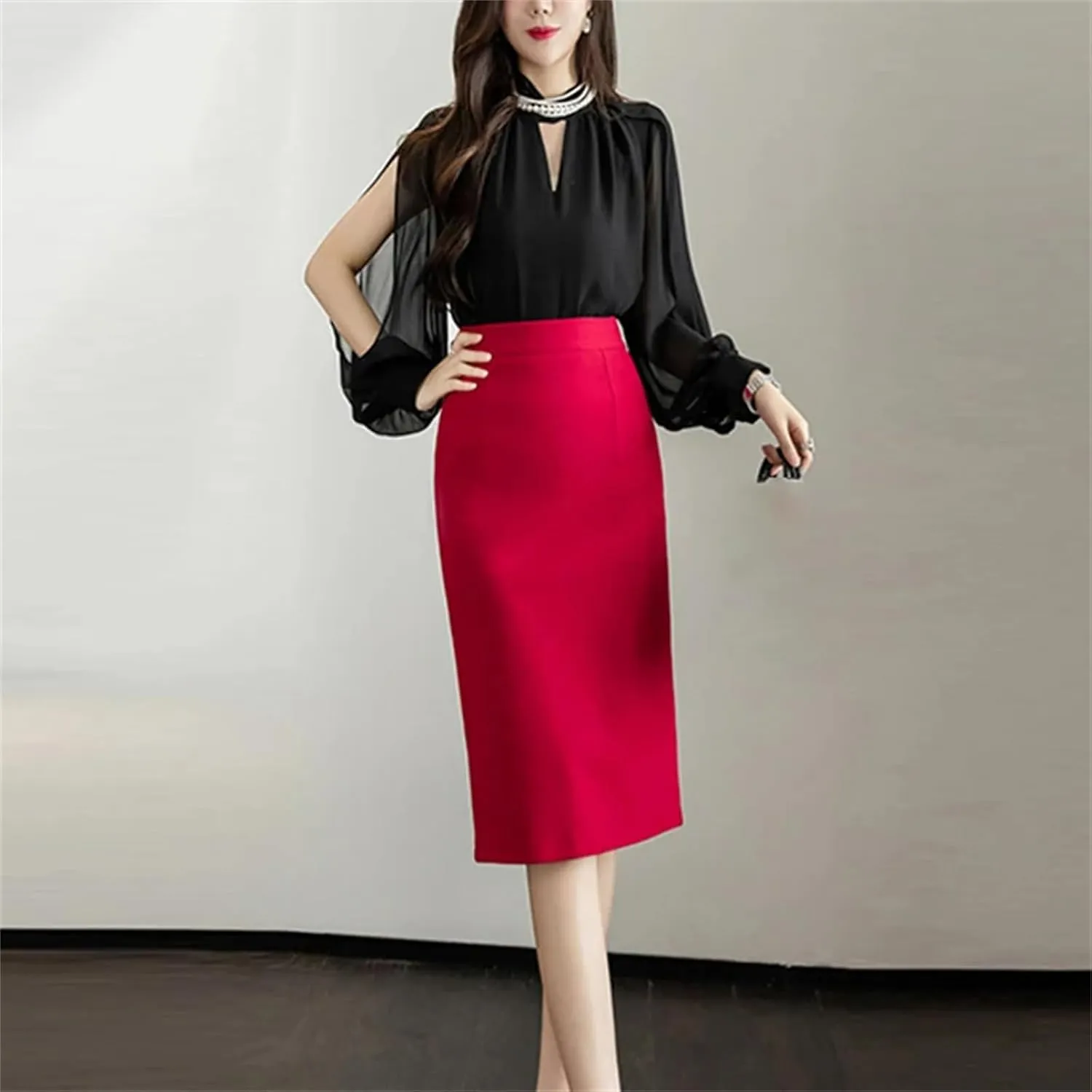 Women's Vintage Stretch Pencil Skirt – Office Lady Formal Midi Skirt Elegant Package Hip Below Knee Skirt