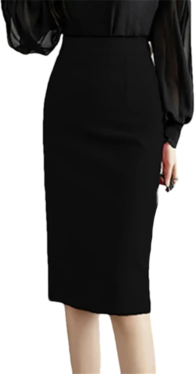 Women's Vintage Stretch Pencil Skirt – Office Lady Formal Midi Skirt Elegant Package Hip Below Knee Skirt