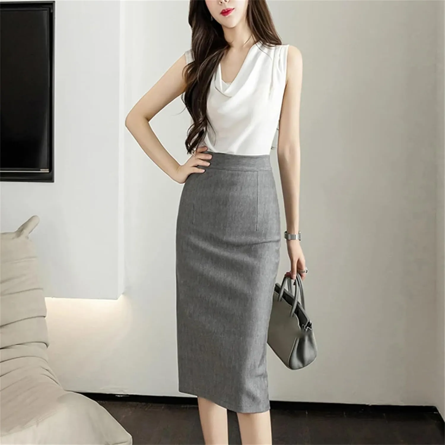 Women's Vintage Stretch Pencil Skirt – Office Lady Formal Midi Skirt Elegant Package Hip Below Knee Skirt