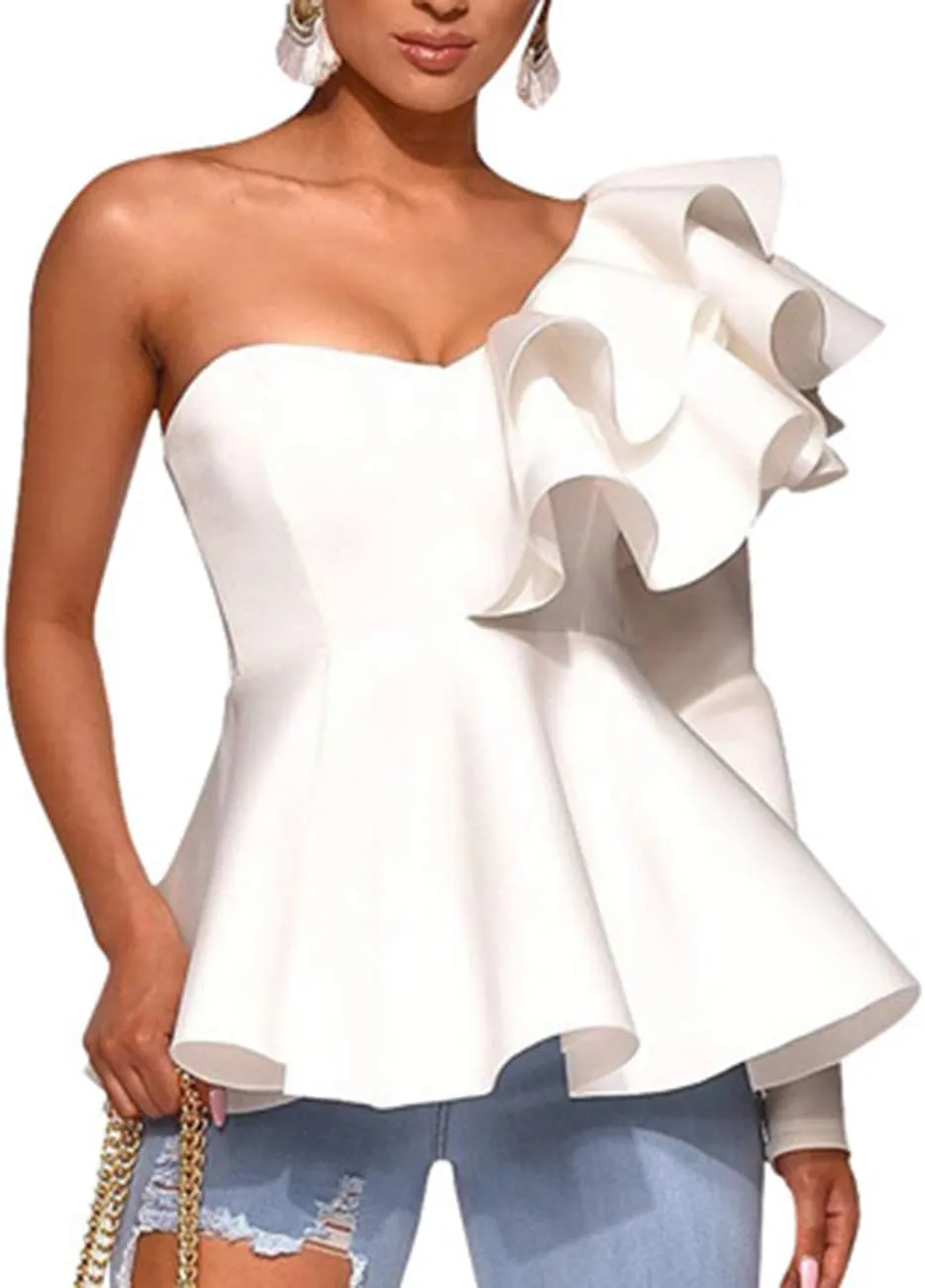 xxxiticat Women's Chic Ruffle Trim High Class Shirt Tops Tube Top Long Sleeve Peplum Bodycon Slim Fit One Shoulder Blouse