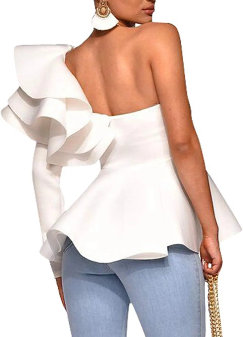 xxxiticat Women's Chic Ruffle Trim High Class Shirt Tops Tube Top Long Sleeve Peplum Bodycon Slim Fit One Shoulder Blouse