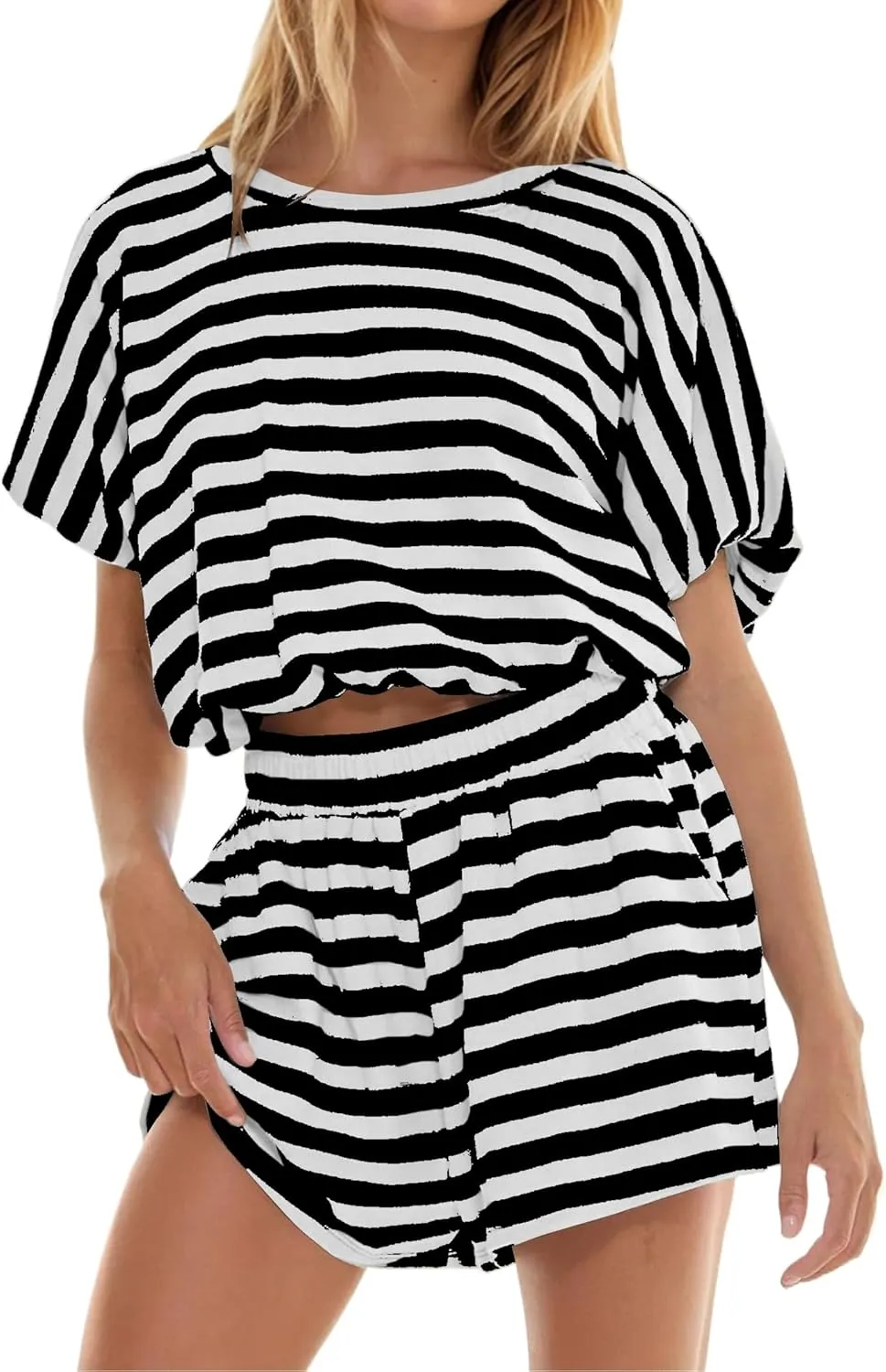 Ythomm 2 Piece Lounge Set Women Striped Short Sleeve Tshirt Shorts Summer Sets Loose Fit Crop Tees Elastic Shorts Casual Sets