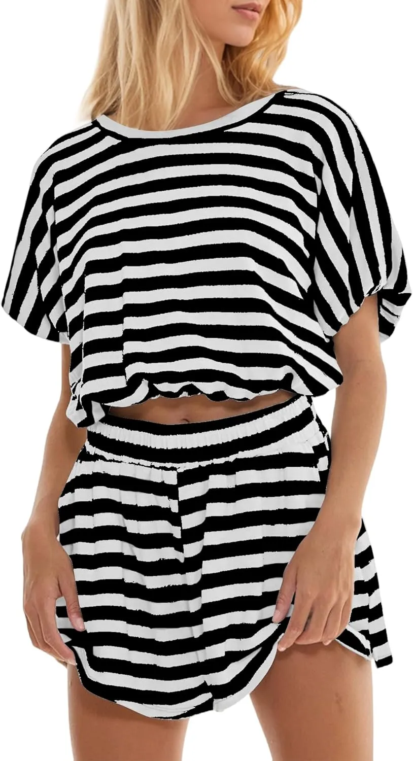 Ythomm 2 Piece Lounge Set Women Striped Short Sleeve Tshirt Shorts Summer Sets Loose Fit Crop Tees Elastic Shorts Casual Sets
